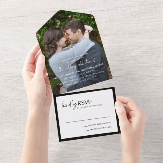 Invitation Tout En Un Alexis Black and White Elegant Mariage moderne (Déchirure)