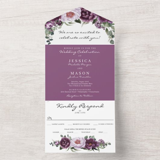 Invitation Tout En Un All in One Plum Peonies Mariage romantique Invitat (À l'intérieur)