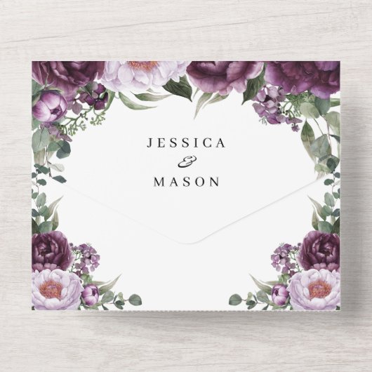 Invitation Tout En Un All in One Plum Peonies Mariage romantique Invitat (Verso)