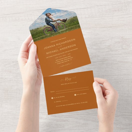 Invitation Tout En Un All Inclusive Terracotta Orange PHOTO Wedding RSVP (Déchirure)