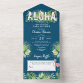 Invitation Tout En Un Aloha Flamant rose Baby shower Déchets Raffle Bleu (À l'intérieur)