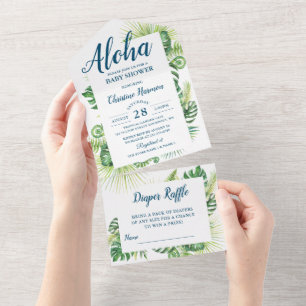 Invitation Tout En Un Aloha Tropical Green Baby shower Déchets Raffle