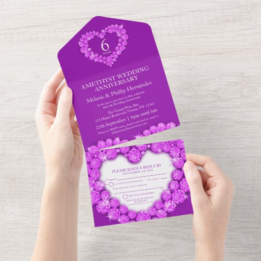 Invitation Tout En Un Améthyste pourpre 6e anniversaire de mariage RSVP (Déchirure)