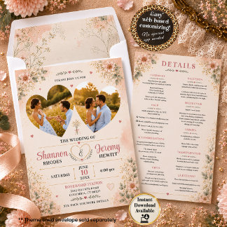Invitation Tout en Un Amour en Fleur Double Photo Mariage