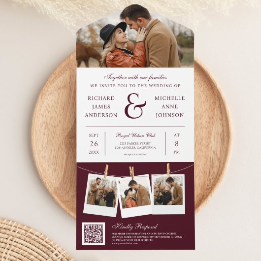 Invitation Tout En Un Ampersand de Bourgogne moderne Photo QR Code Maria