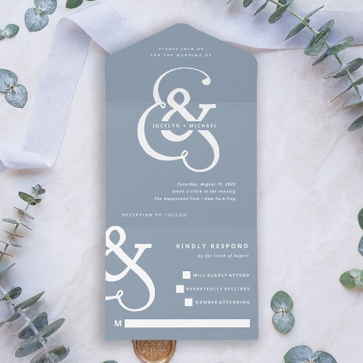 Invitation Tout En Un Ampersand lunaire | Dusty Blue Mariage