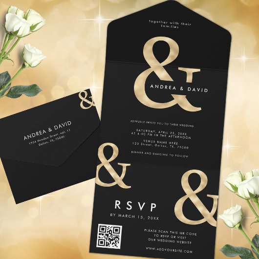 Invitation Tout En Un Ampersand Or moderne noir QR Code RSVP Mariage