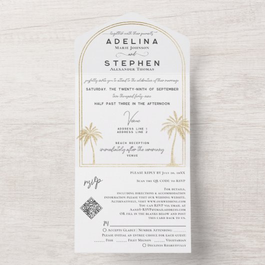 Invitation Tout En Un Ampersand Tropical Beach Palms Trees RSVP QR Code (À l'intérieur)