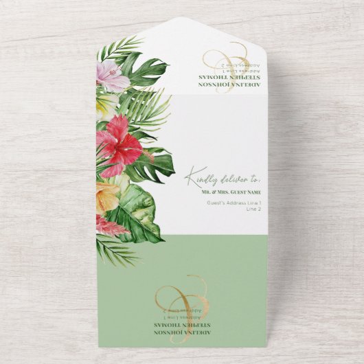 Invitation Tout En Un Ampersand Tropical Monstera Hibiscus RSVP QR Code (Dehors)