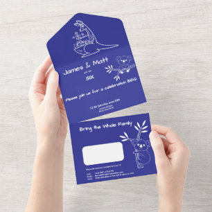 Invitation Tout En Un Amusants Blue Australian Animaux Jumeaux 6e annive