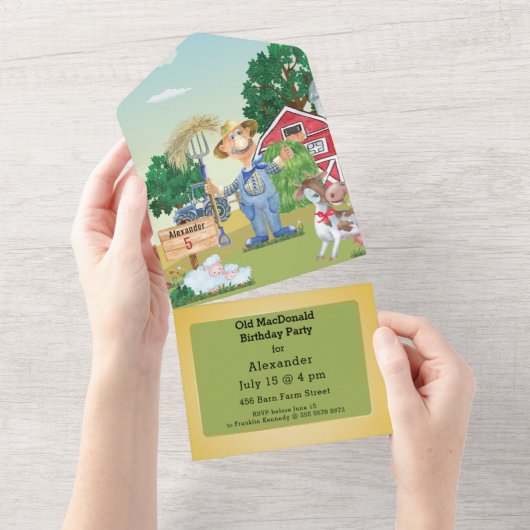 Invitation Tout En Un Ancien Anniversaire de enfant MacDonald Farm (Déchirure)