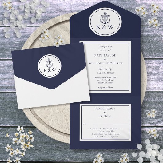 Invitation Tout En Un Ancre bleue marine Mariage nautique