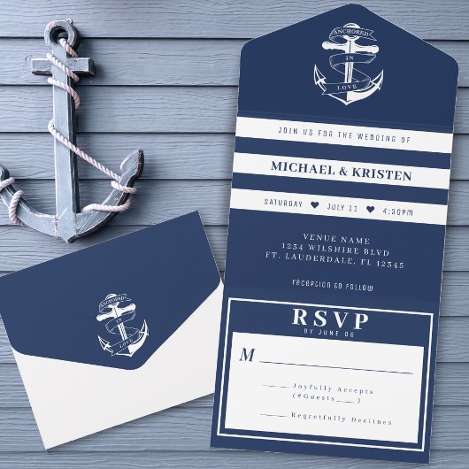 Invitation Tout En Un Ancré en amour Nautique Bleu Ancre Mariage