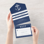 Invitation Tout En Un Ancré en amour Nautique Bleu Ancre Mariage (Déchirure)