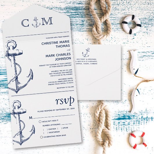 Invitation Tout En Un Ancre nautique Mariage blanc