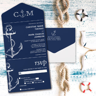 Invitation Tout En Un Ancre nautique Mariage bleu marine