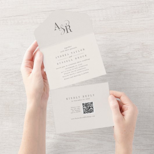 Invitation Tout En Un ANDREA QR Code Beige Simple Minimal Wedding (Déchirure)