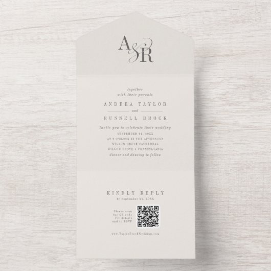 Invitation Tout En Un ANDREA QR Code Beige Simple Minimal Wedding (À l'intérieur)