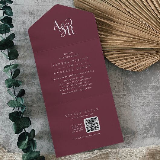 Invitation Tout En Un ANDREA QR Code Burgundy Simple Minimal Wedding