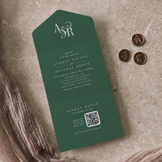 Invitation Tout En Un ANDREA QR Code Dark Green Simple Minimal Wedding