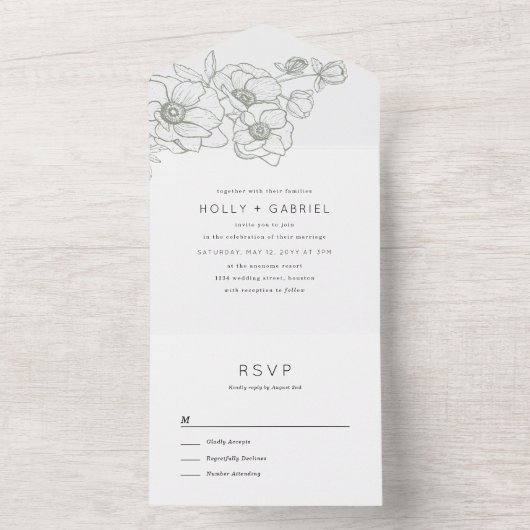 Invitation Tout En Un Anemone Bouquet Mariage Tout en un (À l'intérieur)