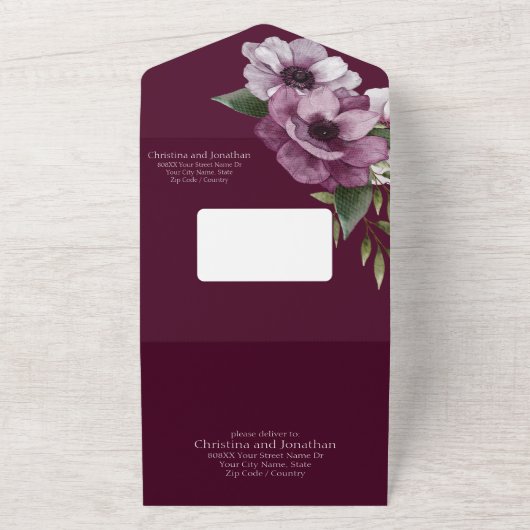 Invitation Tout En Un Anémones romantiques aquarelle sur Merlot (Dehors)