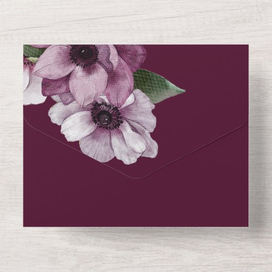 Invitation Tout En Un Anémones romantiques aquarelle sur Merlot (Verso)
