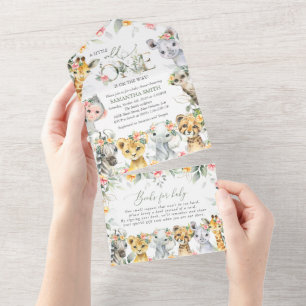 Invitation Tout En Un Animaux de la jungle, Safari, Fleurs, Baby shower