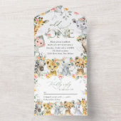 Invitation Tout En Un Animaux de la jungle, Safari, Fleurs, Premier Anni (À l'intérieur)