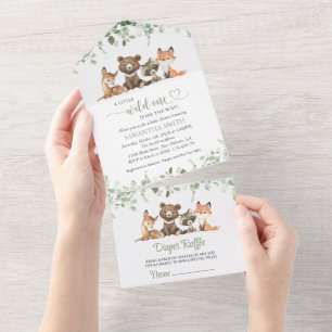 Invitation Tout En Un Animaux des Bois, Forêt, Sauvageon, Baby Shower