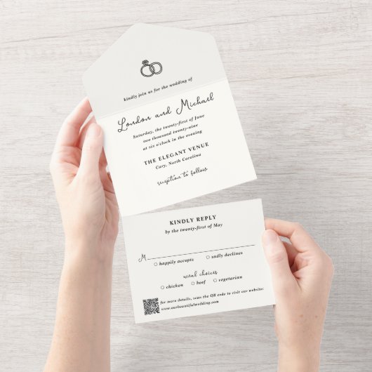 Invitation Tout En Un Anneaux Dessinés à la Main Code QR Moderne Mariage (Déchirure)