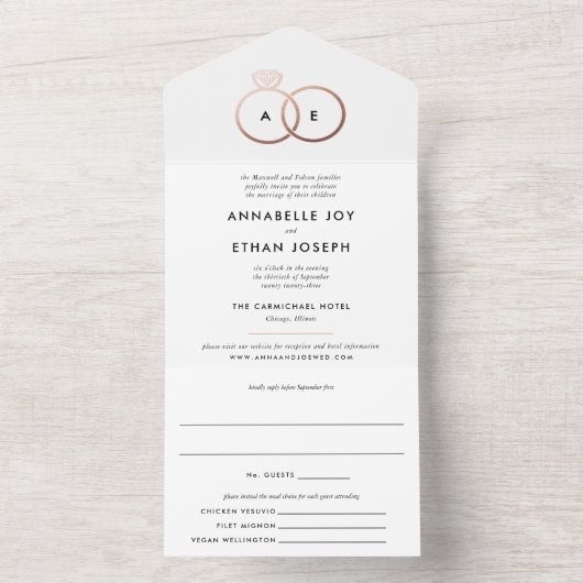 Invitation Tout En Un Anneaux or Rose moderne Mariage blanc (À l'intérieur)