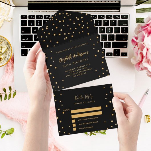 Invitation Tout En Un Anniversaire Black or stars parti RSVP