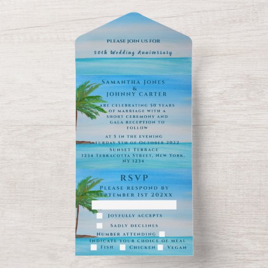 Invitation Tout En Un Anniversaire du Mariage tropical de la plage (À l'intérieur)