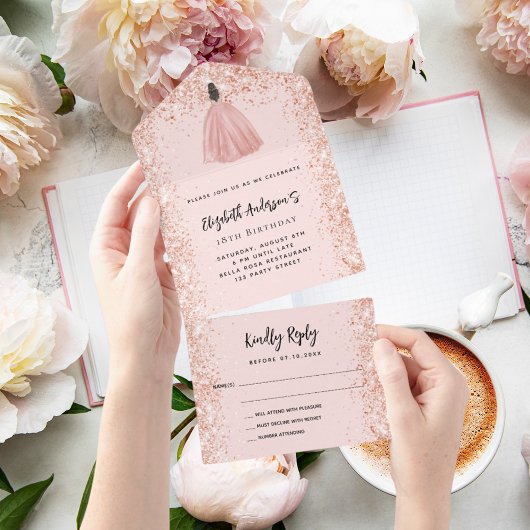 Invitation Tout En Un Anniversaire rose robe blush or fête RSVP