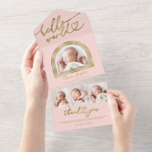 Invitation Tout En Un Annonce de naissance Chic Cadre Arch Hello World