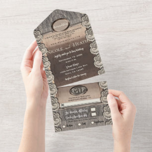 Invitation Tout En Un Antique Crème Dentelle Grise Bois et Cuivre Mariag