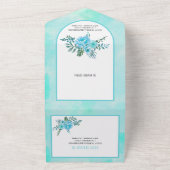 Invitation Tout En Un Aqua bleu aquarelle fleurs arche mariage (Dehors)