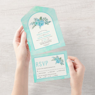 Invitation Tout En Un Aqua bleu aquarelle fleurs arche mariage