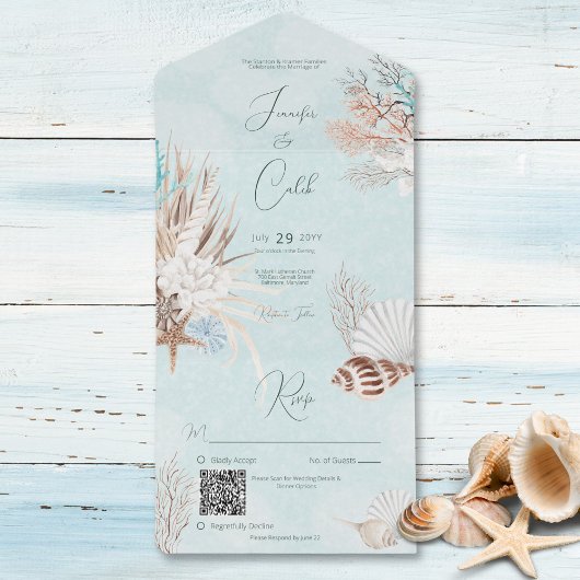 Invitation Tout En Un Aqua Ocean & Shells Code QR moderne