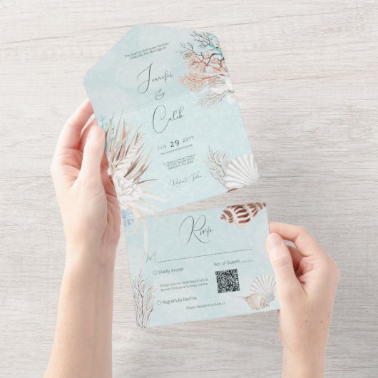 Invitation Tout En Un Aqua Ocean Shells QR Code Mariage (Déchirure)