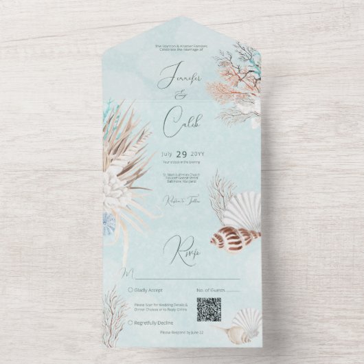 Invitation Tout En Un Aqua Ocean Shells QR Code Mariage (À l'intérieur)