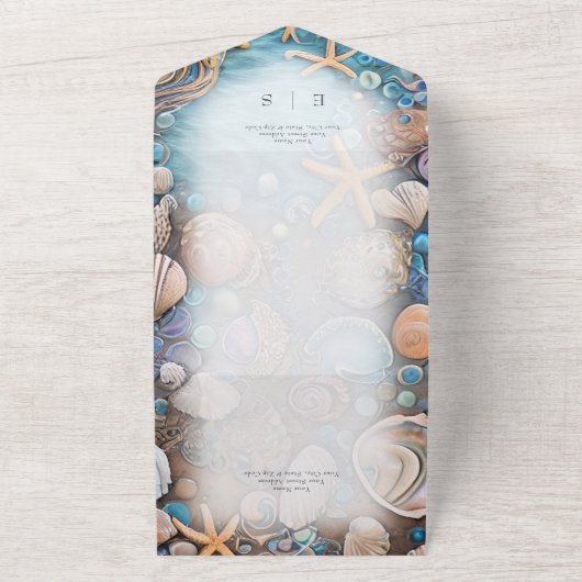 Invitation Tout En Un Aqua Seashell Rustic Beach Code QR (Dehors)