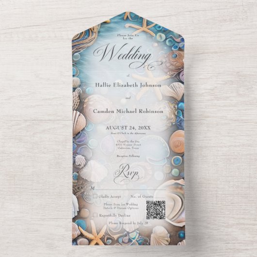 Invitation Tout En Un Aqua Seashell Rustic Beach Code QR (À l'intérieur)