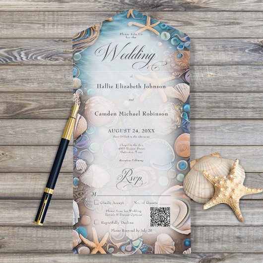 Invitation Tout En Un Aqua Seashell Rustic Beach Code QR