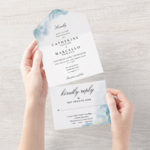 Invitation Tout En Un Aquarelle Abstraite bleue Mariage élégant