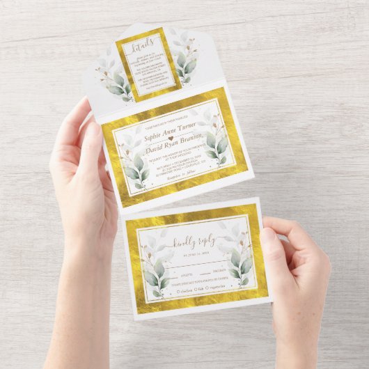 Invitation Tout En Un Aquarelle Airy Greenery Gold Foil Mariage (Déchirure)