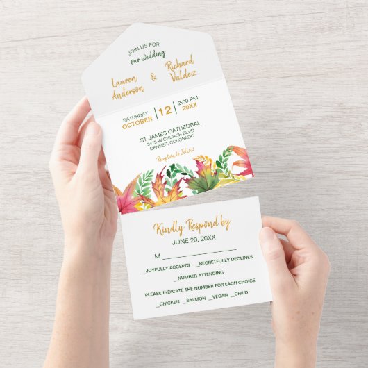 Invitation Tout En Un Aquarelle Automne Acacia Feuille Mariage Tout en u (Déchirure)