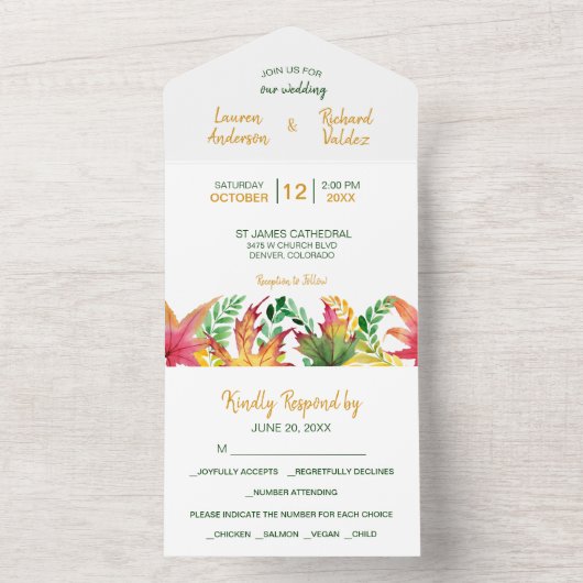 Invitation Tout En Un Aquarelle Automne Acacia Feuille Mariage Tout en u (À l'intérieur)