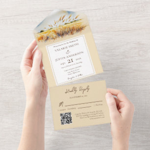 Invitation Tout En Un Aquarelle Blé Champ Mariage de l'Ouest